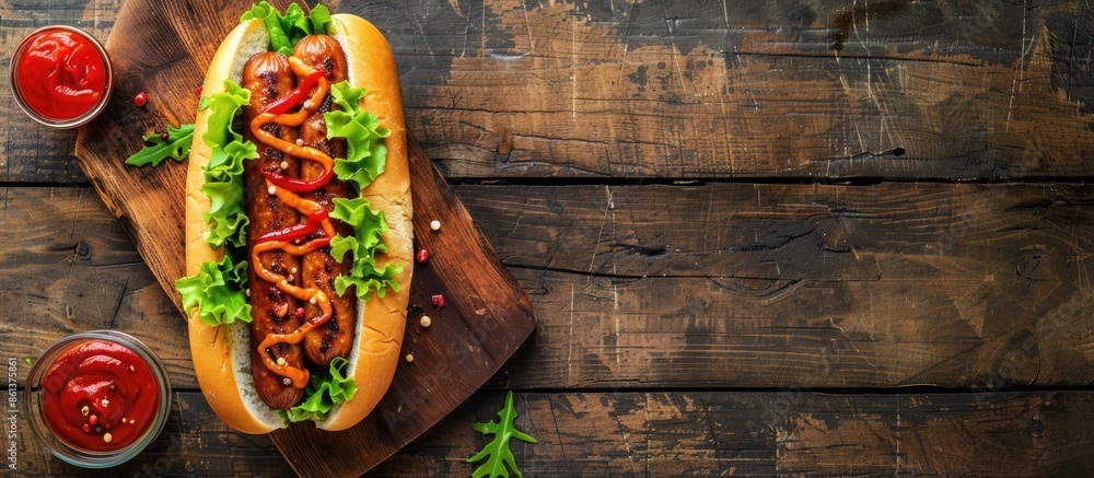 Poster view from above of a rustic table with a hot dog, having a healthy twist with sausage, lettuce, and 