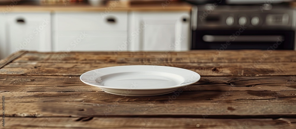 Poster wooden kitchen table displaying an empty white plate with copy space image.
