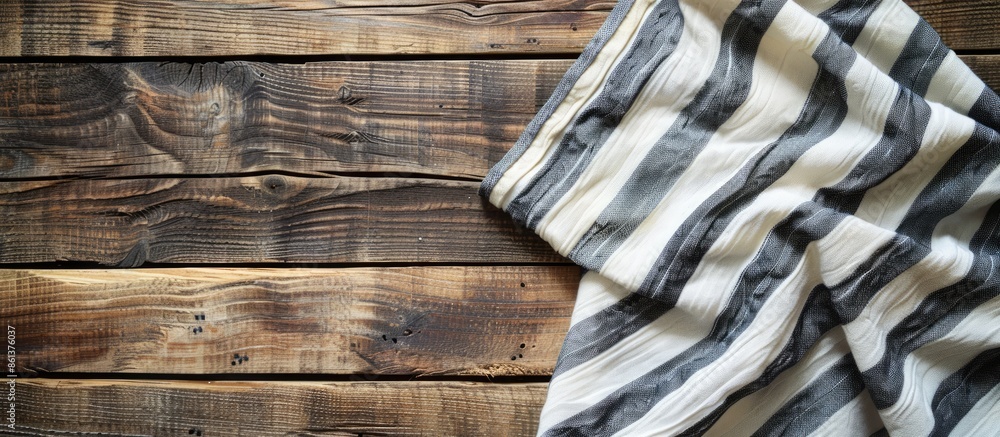 Poster top view of a striped napkin laid on a wooden surface with copy space image.