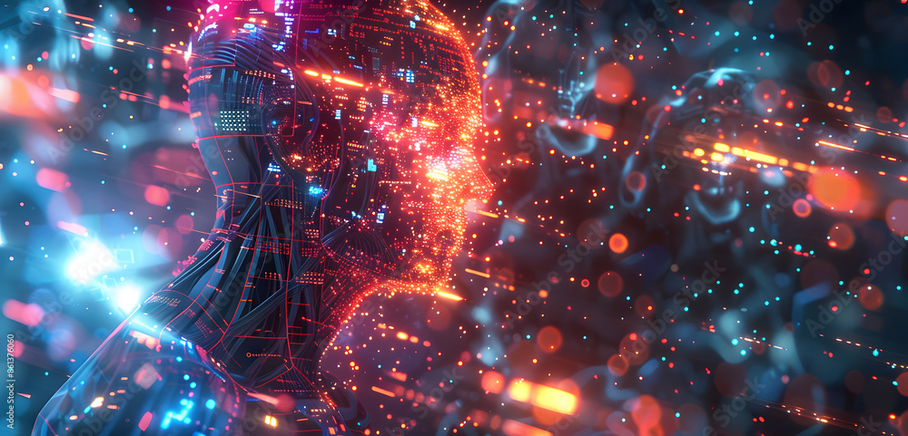 Poster a futuristic ai head with glowing digital data streams and circuits, symbolizing advanced technology