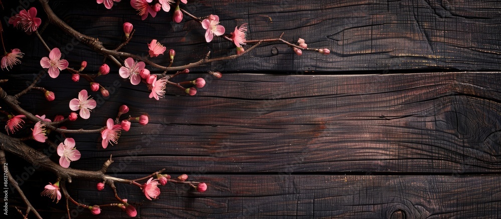 Aufkleber Blooming branches on a dark wood backdrop create an enchanting copy space image.