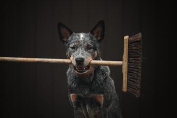 Heeler dog assistant with mop