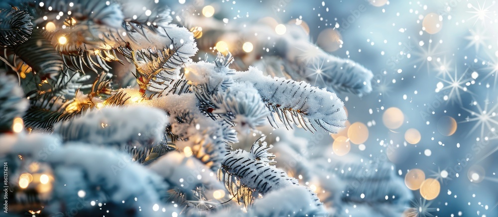 Poster Close-up image of snowy coniferous branches adorned with lights, creating a winter Christmas abstract background ideal for use as a copy space image.