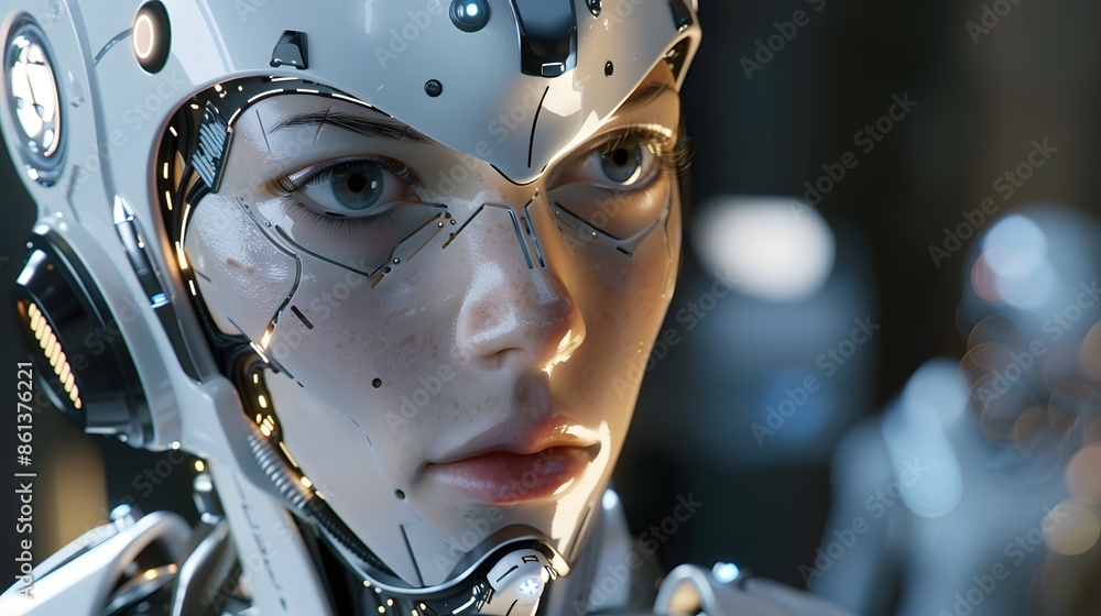 Poster a close-up of a futuristic humanoid robot with a detailed, expressive face and advanced robotic feat