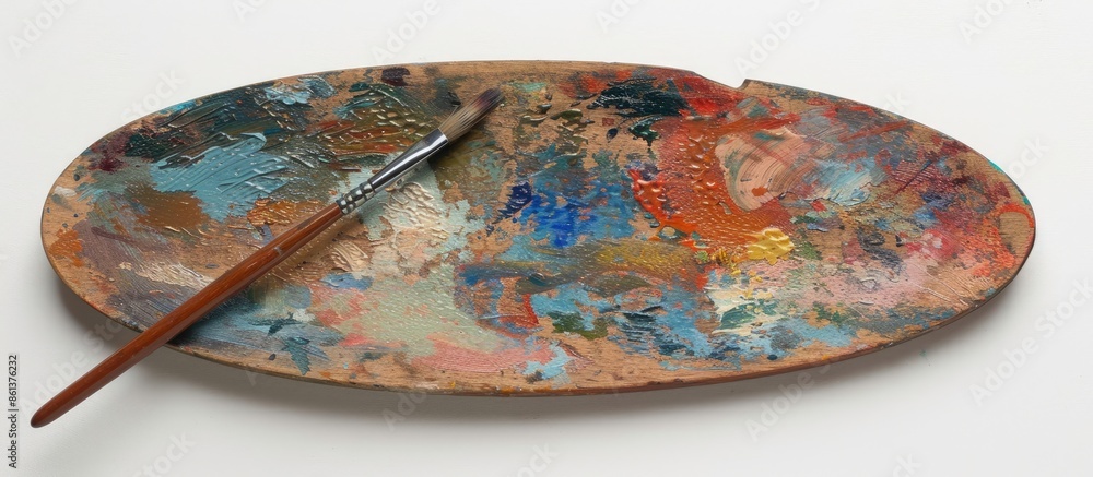 Poster wooden classic art palette and brush displayed on a white background with copy space image.