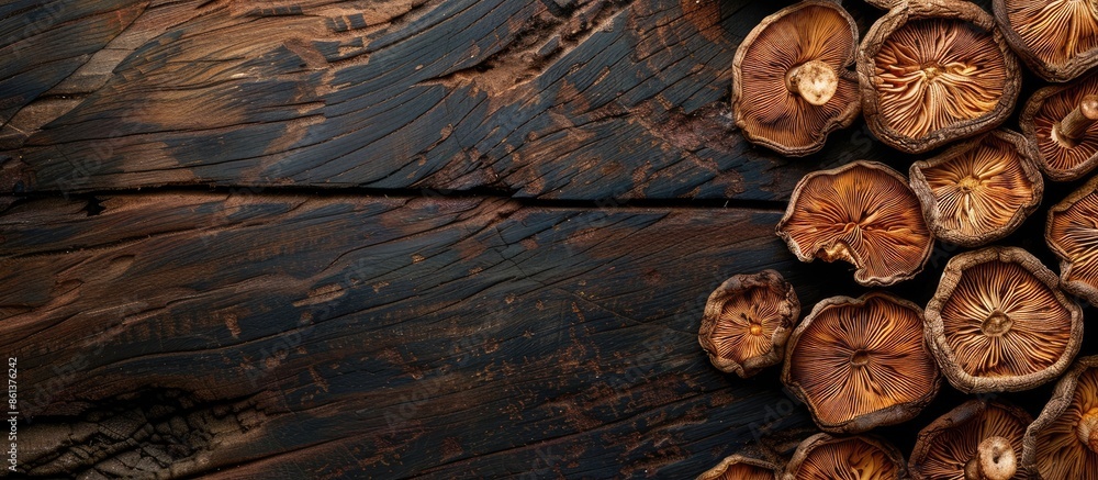 Poster Background with dried shiitake mushrooms in copy space image.