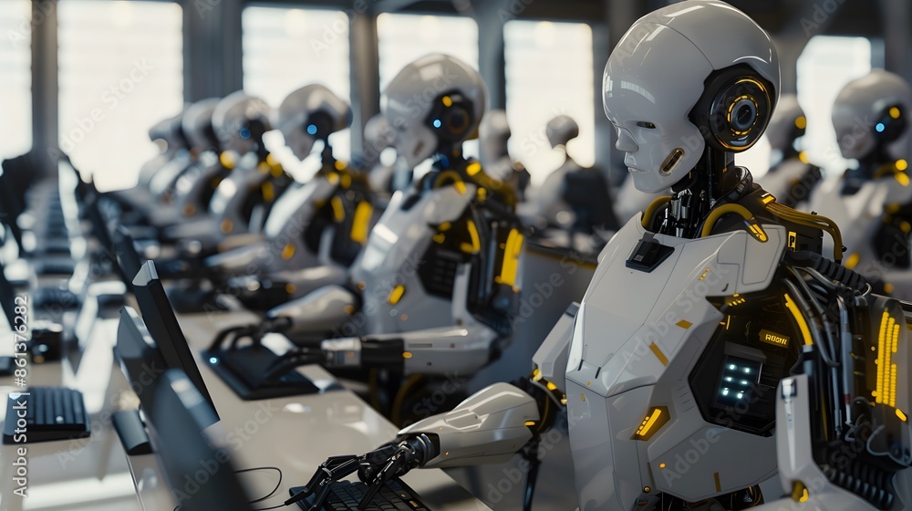 Poster a futuristic scene of robots working at computers in an automated office, representing advanced robo