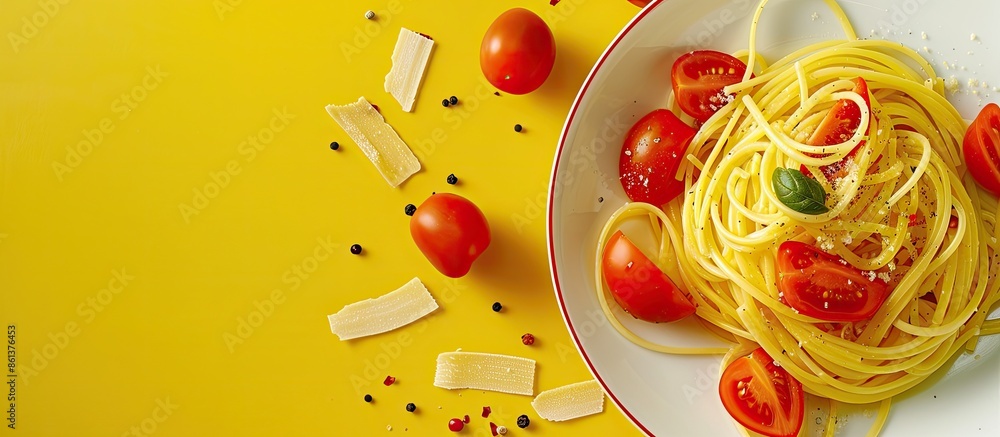Poster plate with no food on a yellow surface adorned with pasta, tomatoes, and pepper creating a vibrant c