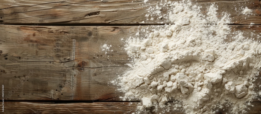 Poster Close-up view of flour on a rustic wooden table with space for text or images. copy space available
