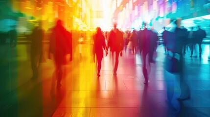 People walking on rainbow colors office space, motion blur effect, LGBT pride gender equality concept..