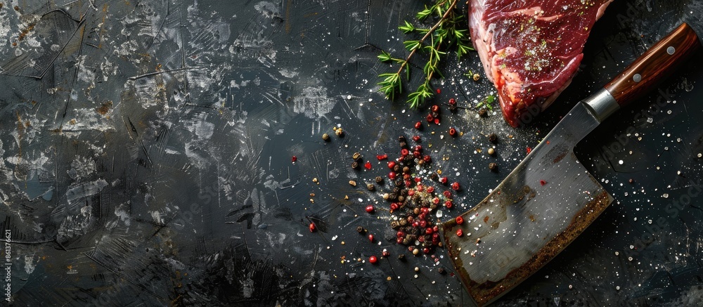 Poster fresh marbled steak meat with seasonings and a meat cleaver on a metallic surface with copy space im