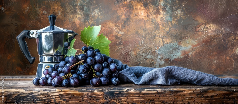 Poster black grapes on a wooden table with space for text, next to a coffee percolator. copy space availabl