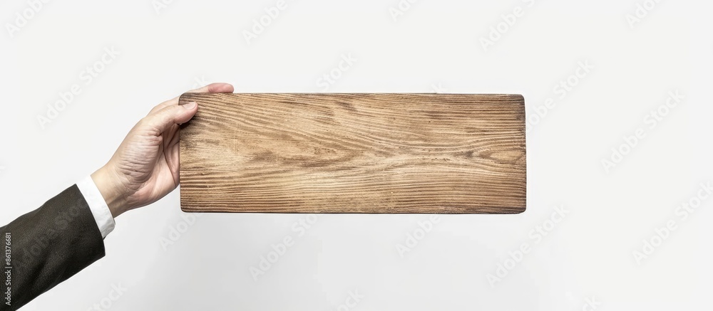 Poster a hand displaying a signboard against a plain white backdrop, with ample copy space image.