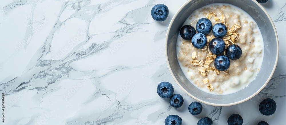 Poster Flat lay composition featuring delicious oatmeal topped with blueberries and yogurt on a marble surface with copy space image available.