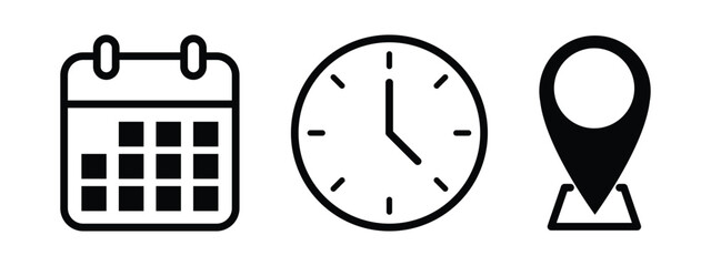 date, time, address location icon set. calendar, clock and map symbol for event, meeting, wedding, schedule, invitation card design element. transparent vector illustration.