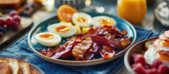 Copy space image of a breakfast spread featuring hard-boiled eggs, crispy bacon, fresh fruit, and toast on a blue placemat, with a horizontal layout and selective focus.