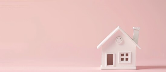Create a design featuring a small white toy house set against a stylish pink background, symbolizing aspirations for a dream home with copy space image.