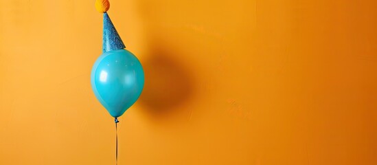 Celebrate a birthday with a vibrant yellow balloon, wearing a blue party hat, set against an orange backdrop, perfect as a copy space image.