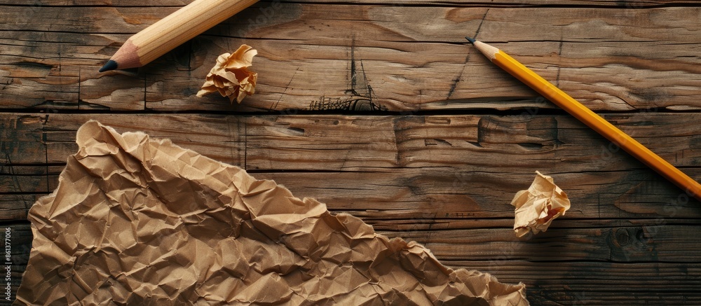 Aufkleber wooden table with crumpled brown paper sheet and pencil, with free space for an image. copy space av
