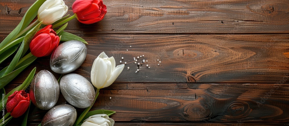Aufkleber colorful silver easter eggs and tulips set on a brown wooden backdrop in a top view composition with