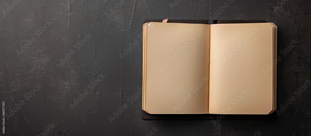 Poster flat lay composition with an open notebook on a black background showcasing ample copy space image.
