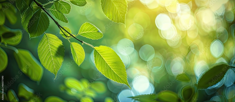 Sticker Green leaf closeup on a blurred foliage background in a garden with copy space image for text, ideal for summer-themed designs focusing on natural greenery and fresh aesthetics.