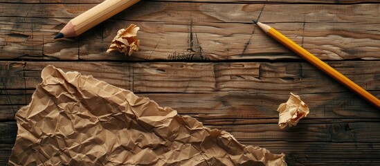 Wooden table with crumpled brown paper sheet and pencil, with free space for an image. copy space available