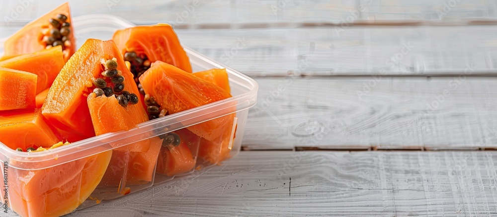 Poster bite-sized papaya in a plastic container on a white wooden table with copy space image, promoting a 