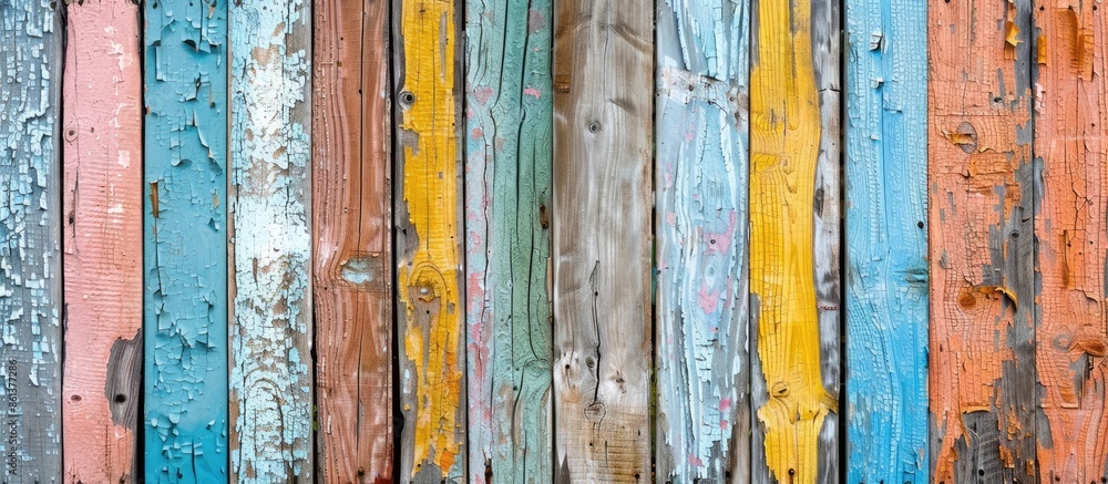 Poster Weathered wooden fence with peeling paint displaying a variety of colors against a backdrop with copy space image.