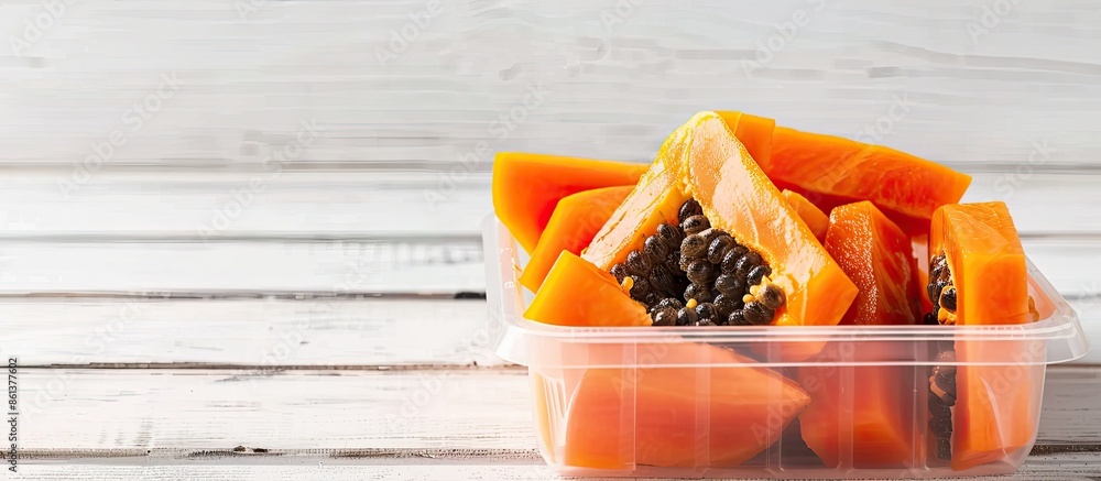 Poster bite-sized papaya in a plastic container on a white wooden table with copy space image, promoting a 