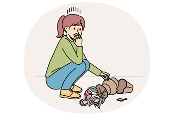 Naklejka premium Little girl break flowerpot feeling distressed and emotional. Small child stressed with broken flower pot. Childhood problem. Vector illustration.