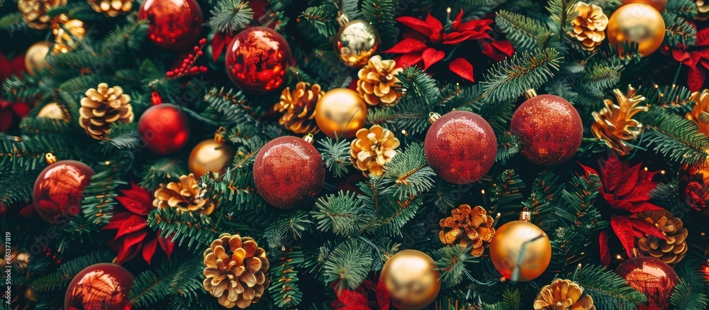Poster close-up view of a christmas tree adorned with shiny gold and red ornaments, with an ideal space for