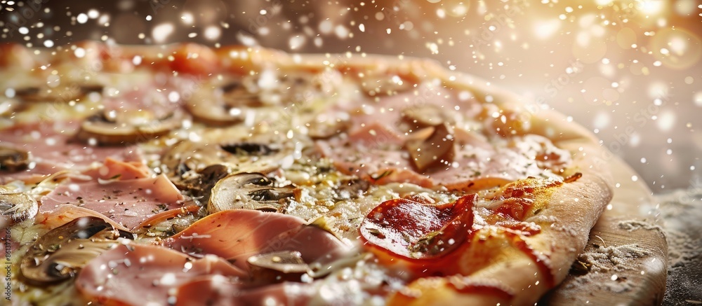 Poster Selective focus on fresh-baked pizza with ham and mushrooms against a toning background in a copy space image.