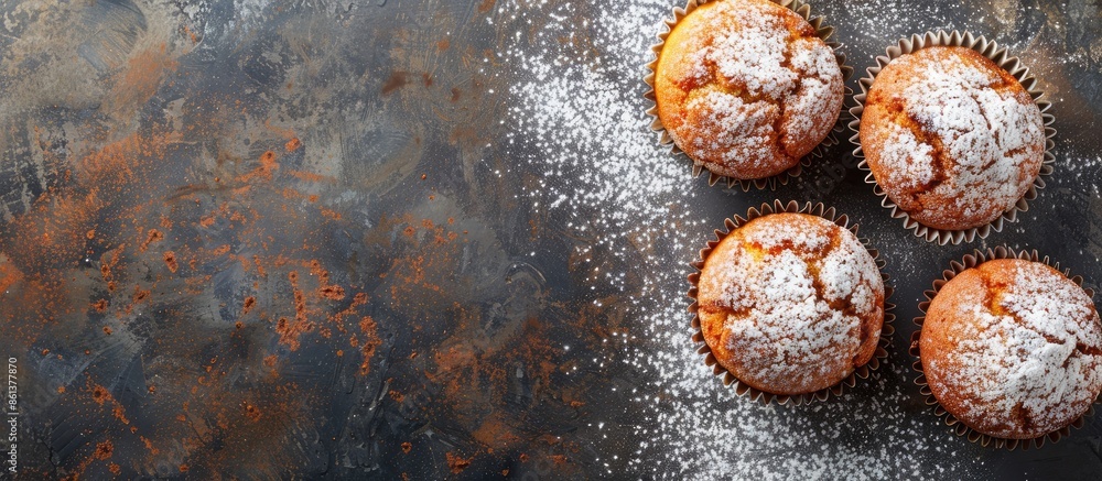 Poster top view of muffins and powdered sugar on an old metal surface with a plain background for copy spac