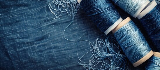 Copy space image of blue and white cotton thread spools on denim fabric.