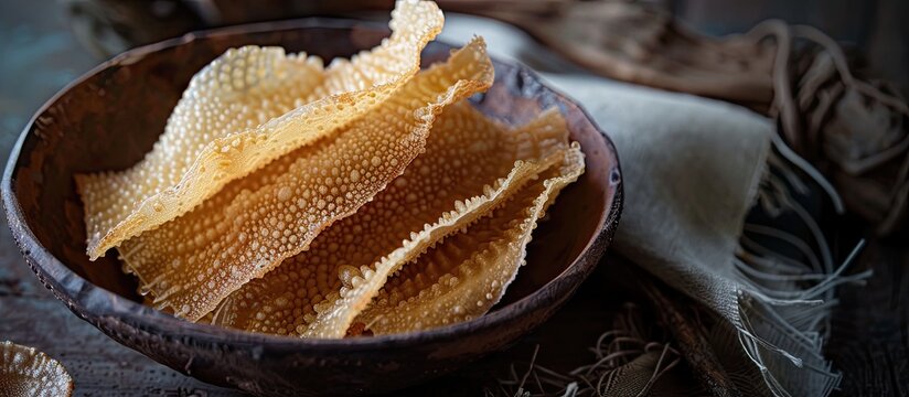 A detailed image featuring diabetic-friendly sea cucumber crackers with a long, thick shape, known as kerupuk keripik teripang pasir, made from Holothuria fuscopunctata. copy space available