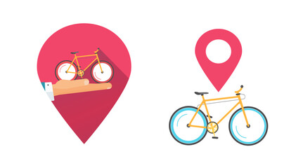 Bike rental vector sign icon illustration set, bicycle with map pin pointer isolated image clip art