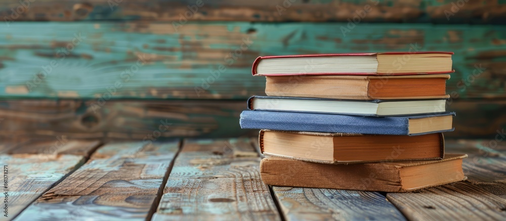 Aufkleber A stack of hardback books displayed on a wooden table with a school theme, allowing for copy space image.