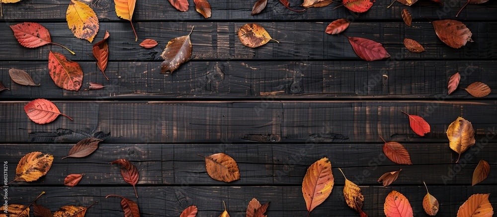 Aufkleber Wooden background with autumn leaves creating a cozy setting for a copy space image