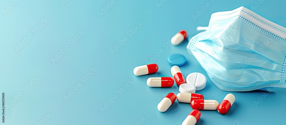 Wall mural a side angle view of a medical mask over the face with white and red pills on a blue background, sui