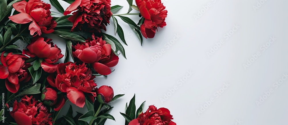 Leinwandbilder fresh red peonies on a white backdrop with room for text. floral border in a flat lay, seen from abo