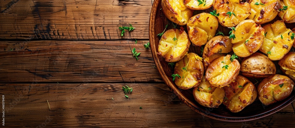 Poster Top view of smashed roasted potatoes on a wooden surface with copy space image available.