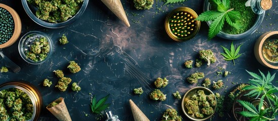 A collection of cannabis-related items displayed on a desk including cone-shaped joints, marijuana buds, and a grinder, with a blank area for additional images.
