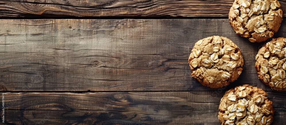 Aufkleber Cookies made with oats displayed on a rustic wooden table with copy space image availability.