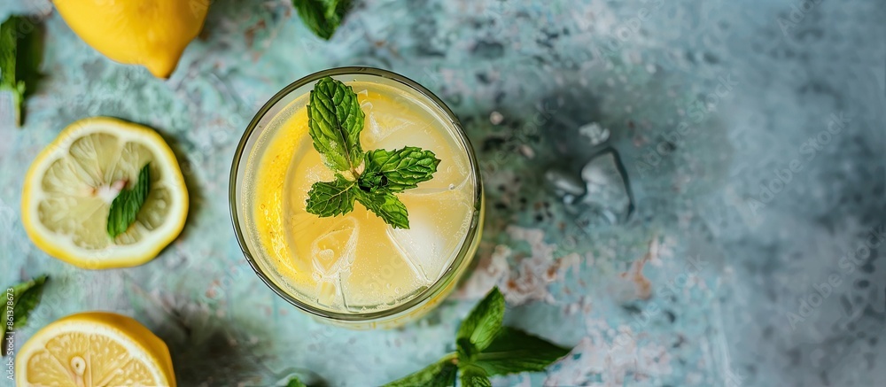 Poster top view of a homemade drink with a lemon and mint, displayed against a copy space image.