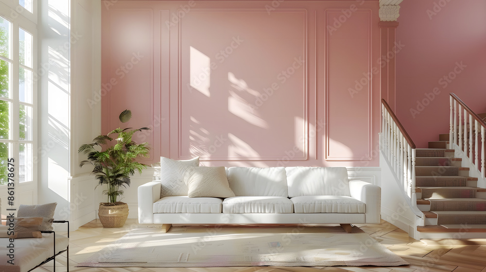 Wall mural Modern living room with comfortable sofa, pastel colored walls, large windows, stairs to the second floor. - Wall murals