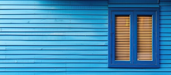 A house with blue wooden window blinds providing a copy space image.
