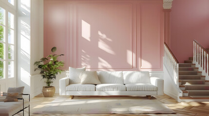 Modern living room with comfortable sofa, pastel colored walls, large windows, stairs to the second floor.