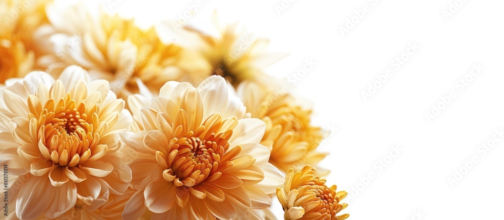 Poster several lovely chrysanthemum flowers captured in a close-up copy space image set against a white bac