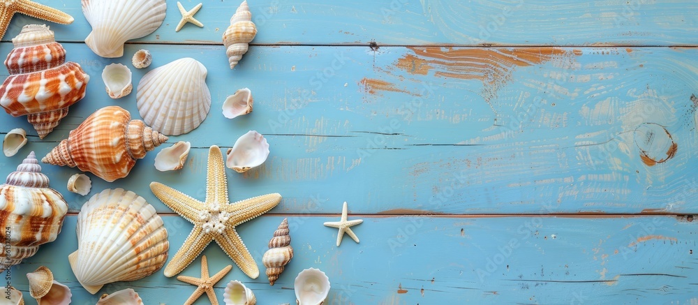 Poster a flat lay image with seashells and a starfish on a blue wooden surface, providing a top view and sp